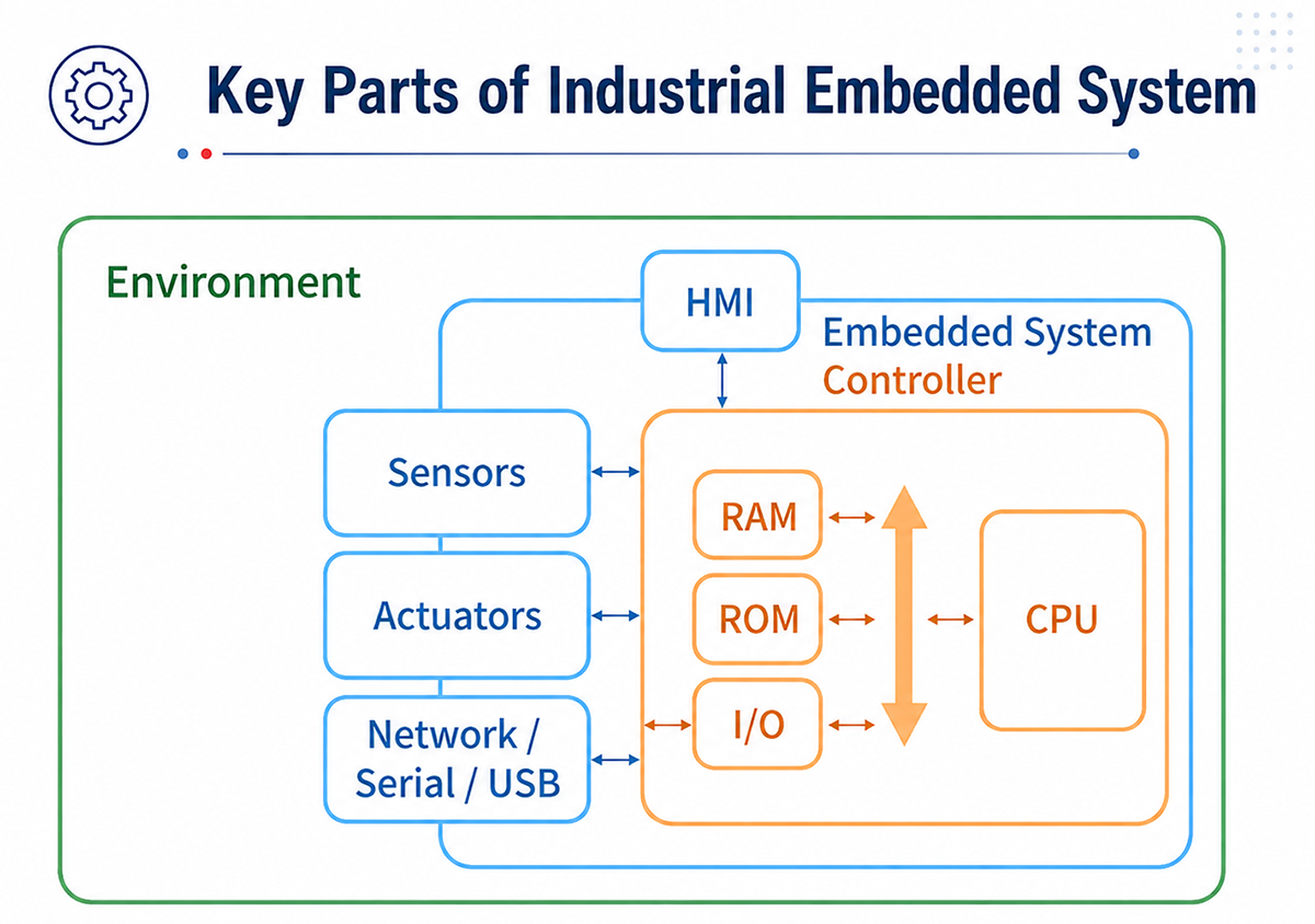 Infographic of key industrial embedded system components.